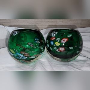 Set of 2 Vintage Blow Art Glass Millefiori Green Votives
